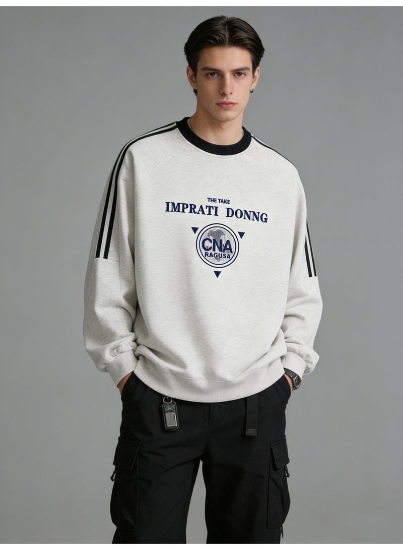 Heather White "IMPRATI DONNG" Vintage Logo Oversized Crew Neck Sweatshirt | Striped Sleeve Pullover With "CNA RAGUSA" Print - Image 3